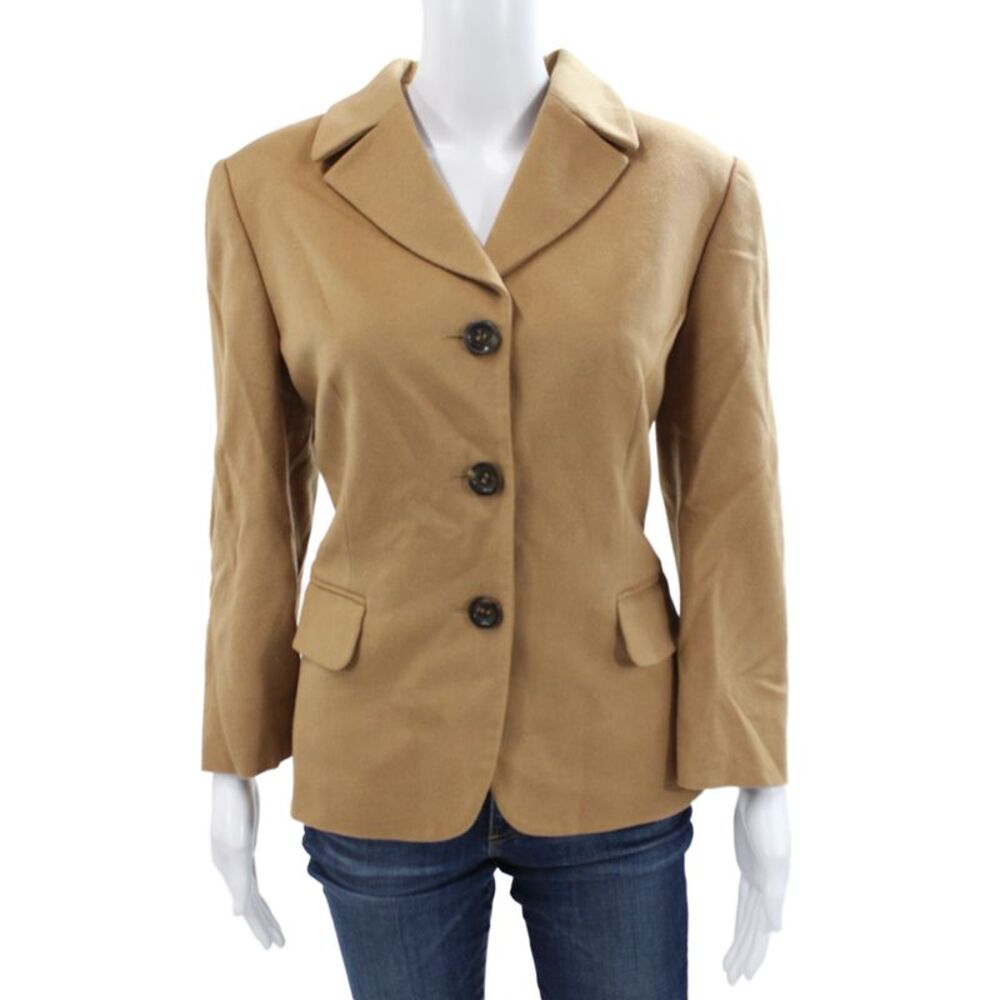 Les Copains Women Designer Tan Wool Cashmere Blazer Collared Button Size 46